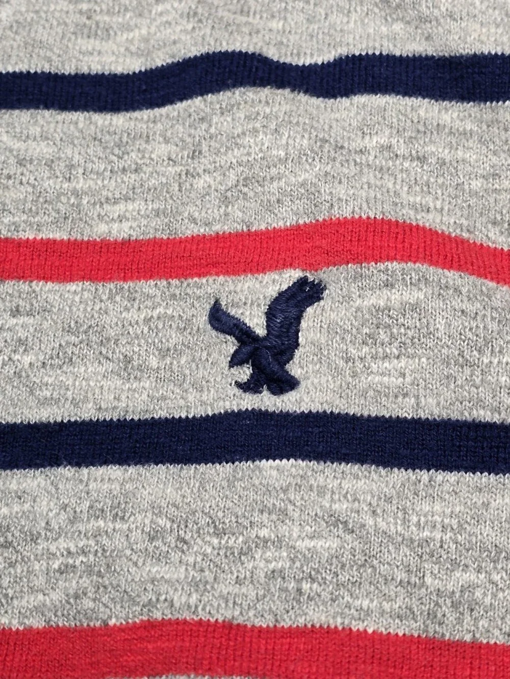 American Eagle Outfitters Gray V-Neck Sweater with Red & Navy Stripes